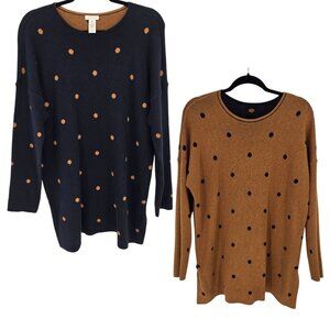 J jill womens size medium blue brown polka dot long sleeve reversible sweater